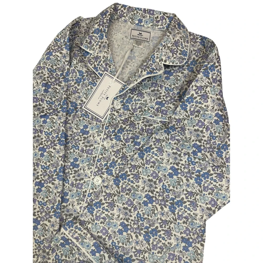 Petite Plume Kids Fleur D'Azur Floral Pajama Set Blue Purple Cotton Size 10 NEW
